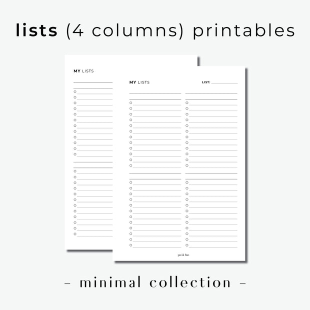 PRINTABLE // Lists (4 Columns) Planner Insert // Minimal