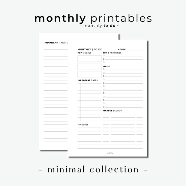 PRINTABLE // Monthly To Do Planner Insert // Minimal