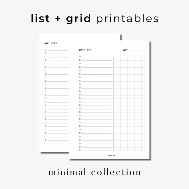 PRINTABLE // List + Grid Planner Insert // Minimal