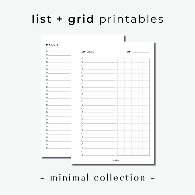 PRINTABLE // List + Grid Planner Insert // Minimal – Poi & Hun