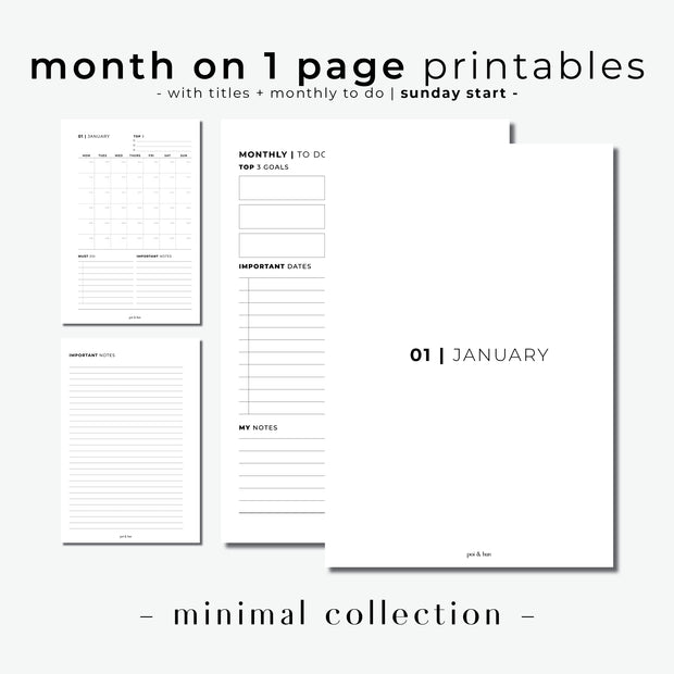 PRINTABLE // Month On 1 Page Planner Insert (MO1P) with Monthly Dashboard // Minimal