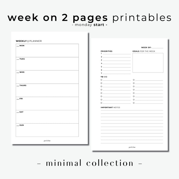 PRINTABLE // Week On 2 Pages Horizontal Planner Insert - WO2P // Minimal