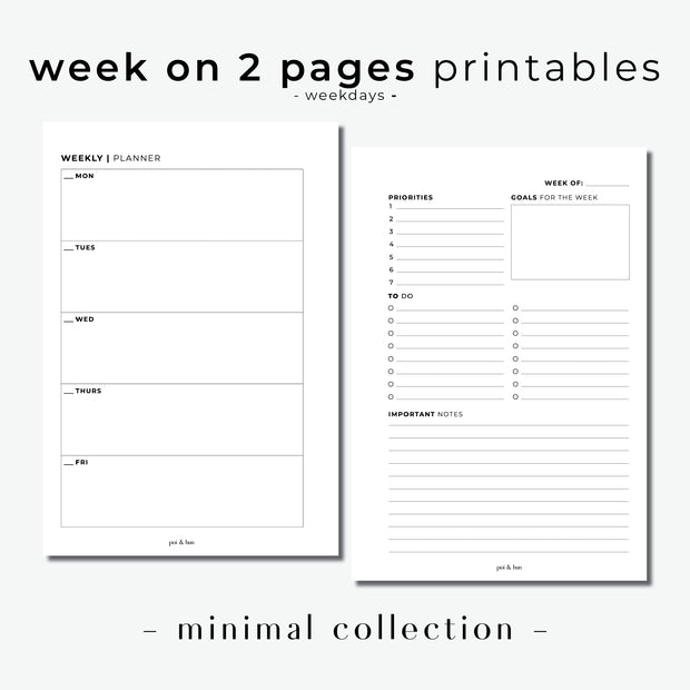 PRINTABLE // Week On 2 Pages Horizontal Planner Insert - WO2P // Minimal